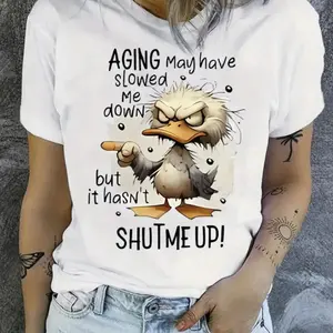 1pc Women's  T-Shirt with Duck Graphic Print & Humorous Slogan - Breathable Loose Fit Round Neck Short Sleeve Tee for Casual Wear, Outdoor Sports, Holiday Gift, Allseason Apparel |   Cartoon Design |   Knit Construction