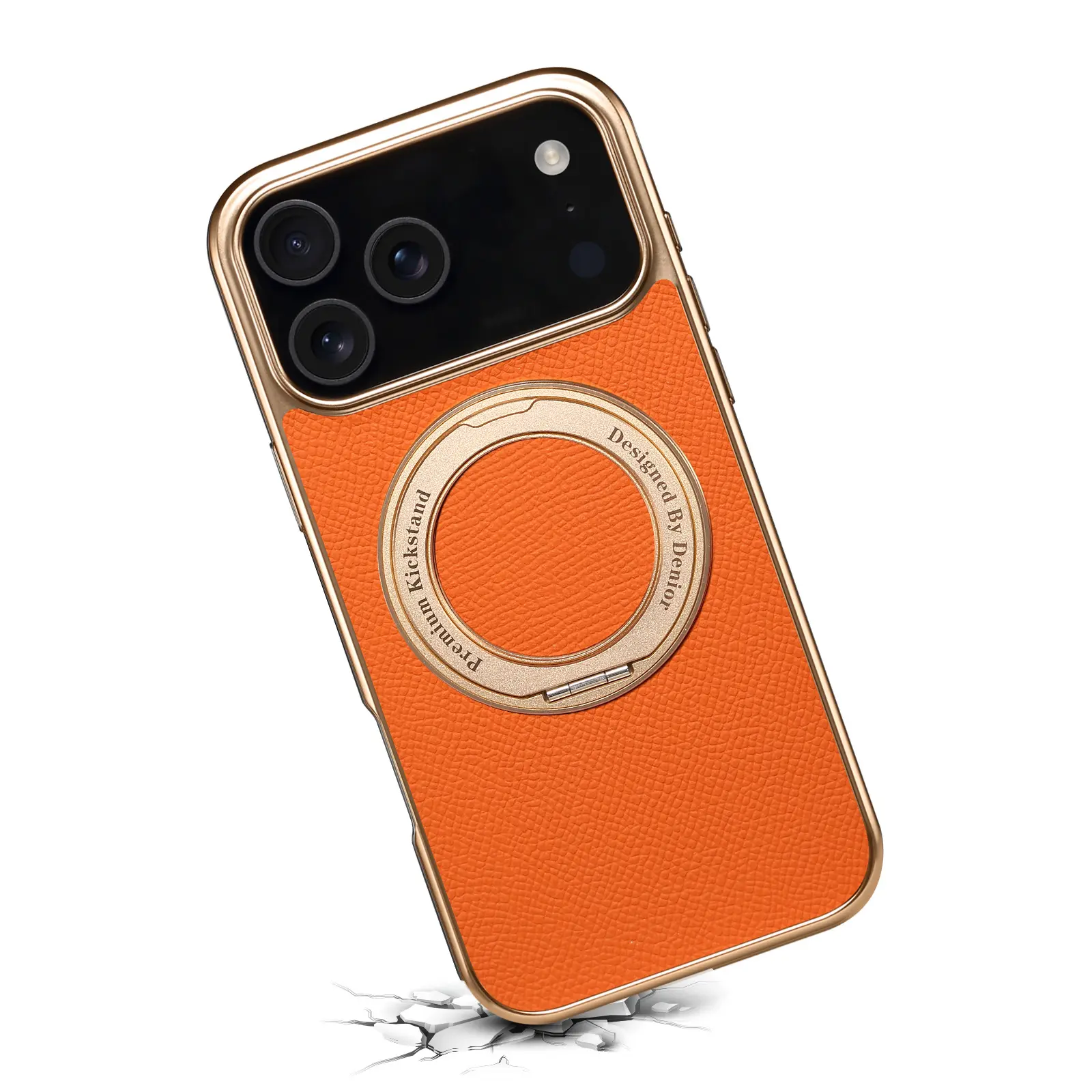 Genuine Leather Protective Smartphone Cover - Heavy-Duty Anti-Drop Case with Electroplated Magnet, Multi-Angle Gear Stand, Custom Metal-Resistant Frame for iPhone 13/14/15/16/17/17 Pro Max, Cellphone