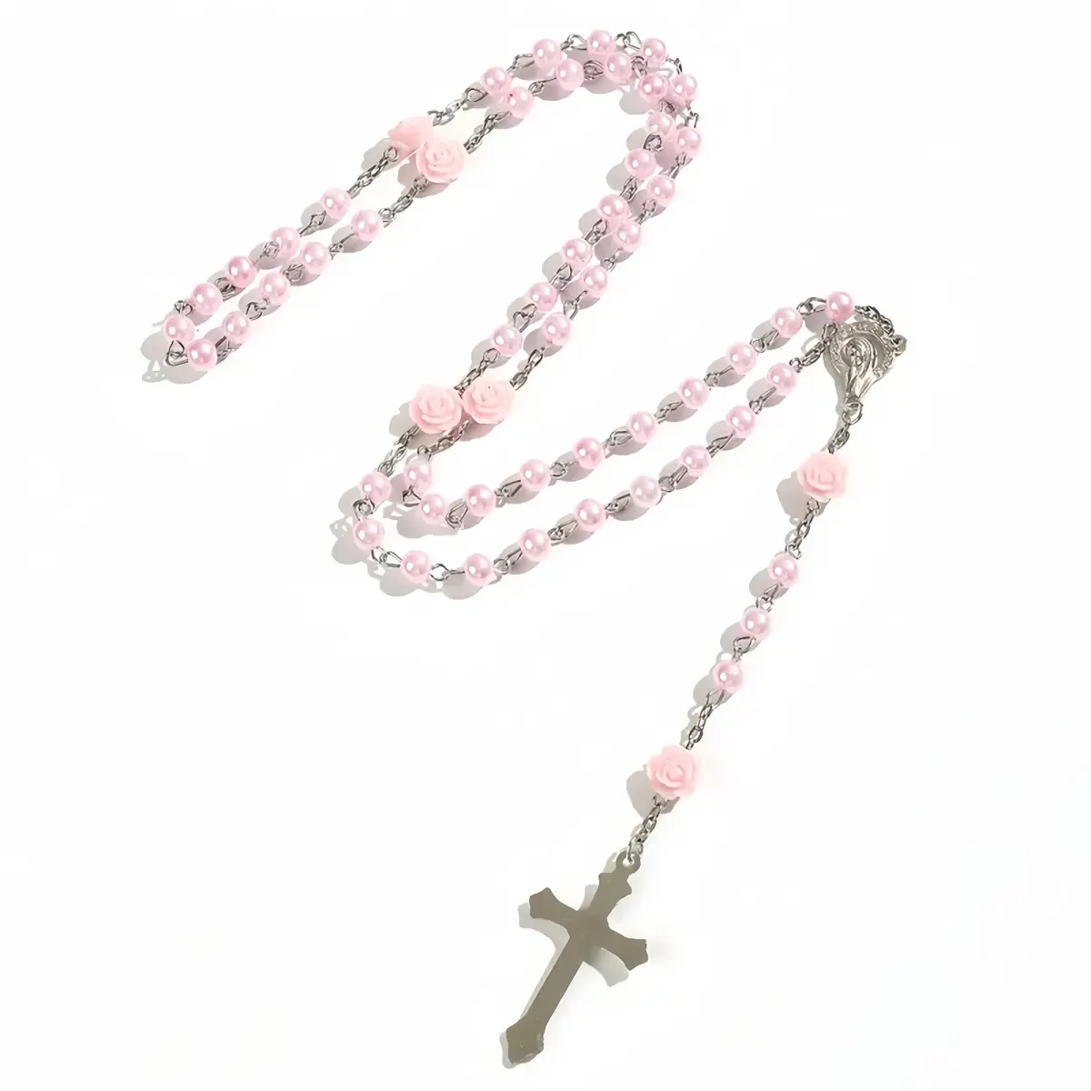 Handmade Glass Pearl Rosary Cross Necklace with Silver Crucifix, 53 Prayer Beads, Modern Faith-Based Fashion, Meaningful Spiritual Gift, Spiritual Items, Meaningful Gifts, Spiritual Jewelry, Cross Decorative Necklaces