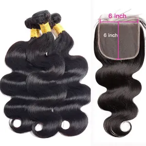BELE HAIR 6x6 Lace Closure With Bundles For Quick Weave Hairstyle Body Wave Bundles With 5x5 Transaprent Lace Closure Brazilian Hair Bundles With Lace Closure Natural Black Color For Women  Unprocessed Weave Bundles Extension With Swiss Lace Closures