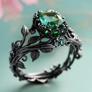 Ancient totem ring inlaid with green crystal energy, tribal style design, suitable for both men and women, with spiritual protection and healing properties