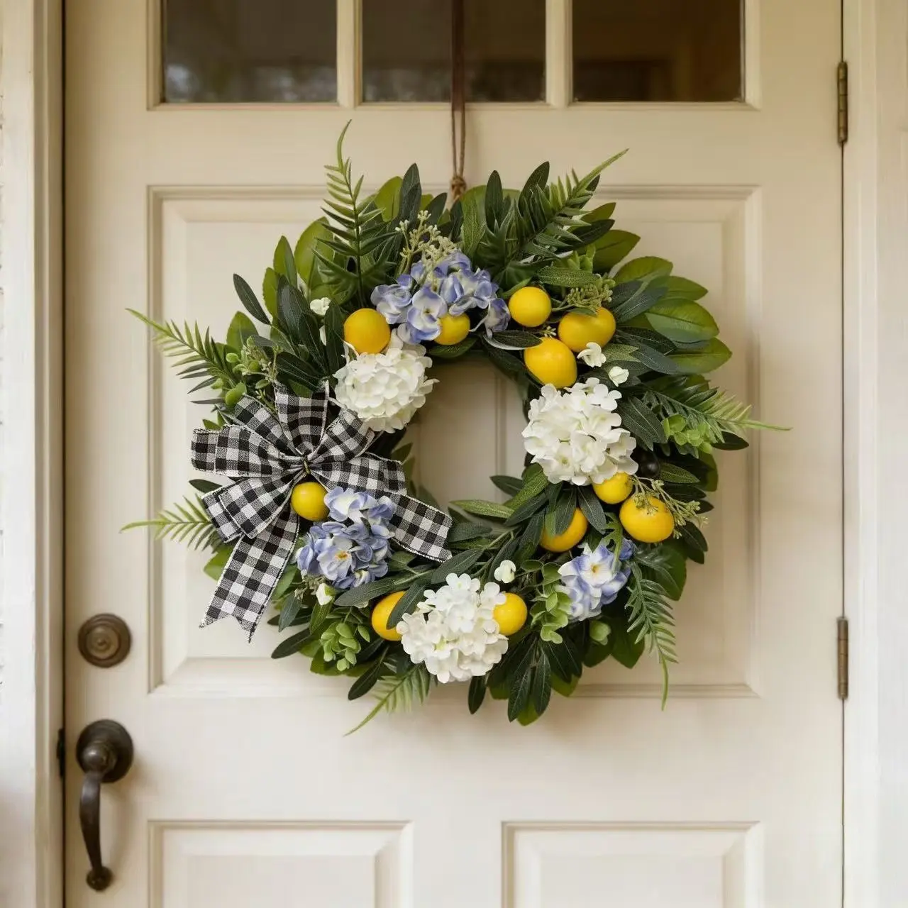 Lemon Hydrangea Decorative Wreath with Plaid Bow, Round Wreath Decorations, Perfect for Front Door, Windows, Walls, Garden, Wedding, Party, Summer Home Decor