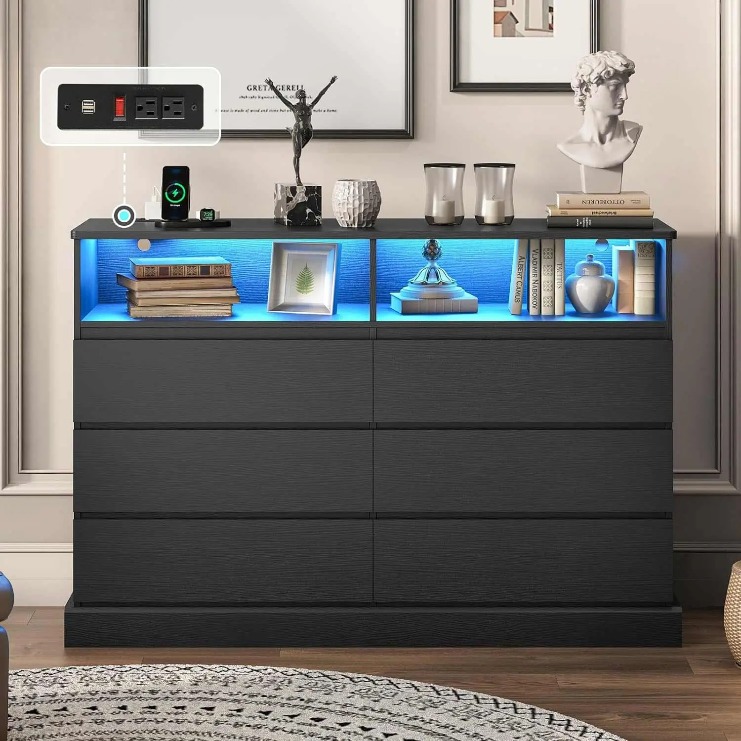 Sikaic LED Dresser with Charging Station, 6 Drawer Black Bedroom Dresser with Modern Storage Design Sikaic LED Dresser with Charging Station, 6 Drawer Black Bedroom Dresser with Modern Storage Design