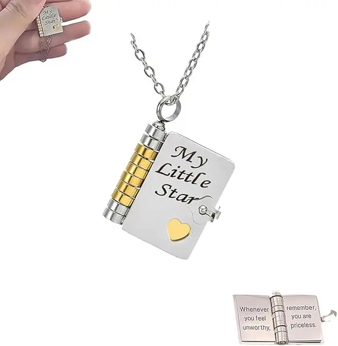 Adjustable Length Female Book Necklace, "My Incredible Book" Pendant with 6 Engraved Pages, Gift-Ready Packaging, Daily Wear Meaningful Gift for Daughter from Mom and Dad