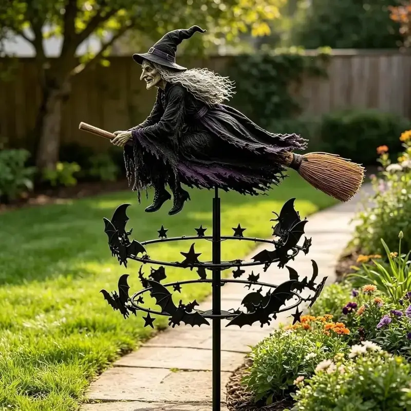 Halloween Outdoor Yd Spinner - Witch Flying on Broom & Wind-Powered Spin Rotating Bat Decor, Easy-Setup Spooky Ground Stake Base Garden Lawn Ornament, 2026 Outdoor Decor Prop for Gardens & Parties