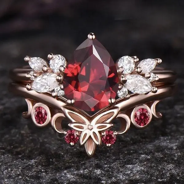 Women's Rose Gold Butterfly Finger Ring - Blood Red Ruby Inlay, Bold Contrast, Stylish Unique Statement Costume Jewelry, Sizes 7-10, Elegant Fashion Accessory, Gift Ideas for Her, Rose Gold Rings, Butterfly Accents Rings
