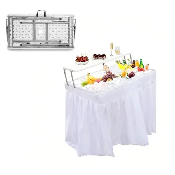 GAOMON High Density HDPE Plastic Rectangular Foldable Outdoor Ice Cooler Table - Fold to 5" Thin Design, Extra Storage Shelf, Efficient Drainage System, Drain & Dry Top, Washable Skirt, Tailgate Ready for Weddings, Picnics
