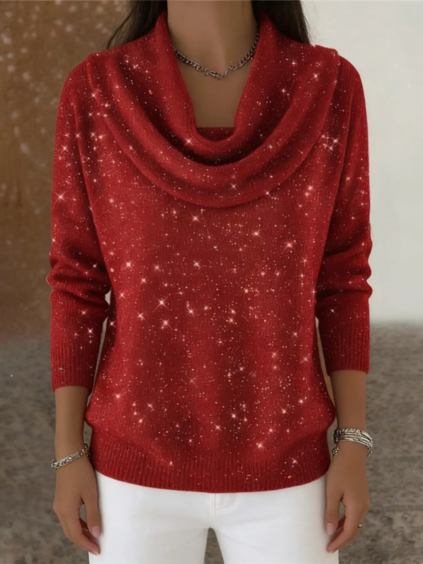 Women's Rhinestone Hanging Neck Sweater with Long Sleeves, Fashionable Knit Top for Casual Fall & Winter, Party Essential for Elegant Style