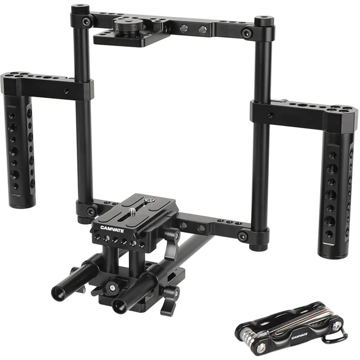 CAMVATE Hand-Held Full Frame Camera Cage with Manfrotto-Type QR Baseplate and 15mm Dual Rod Support System for DSLR Camera and Battery Grip