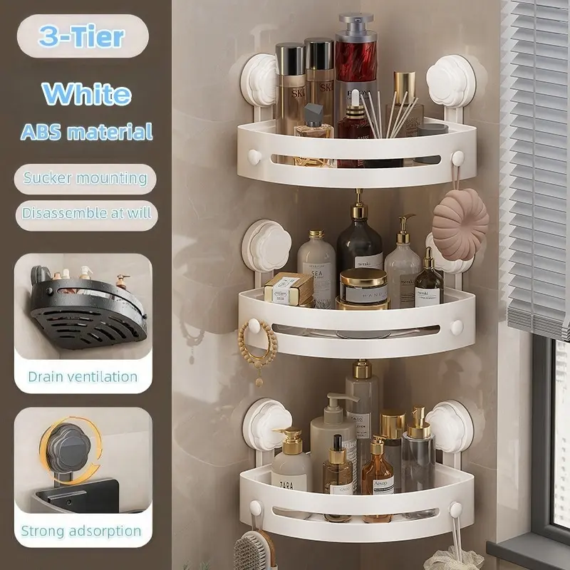 Three-Layer Triangle Suction Cup Bathroom Shelf, No Drilling Wall Mounted Sucker Mounting Storage Rack, Easy Installation, Strong Load Capacity Bathroom Supplies, Bathroom Storage Rack, Bathroom Organizer, Bathroom Organization