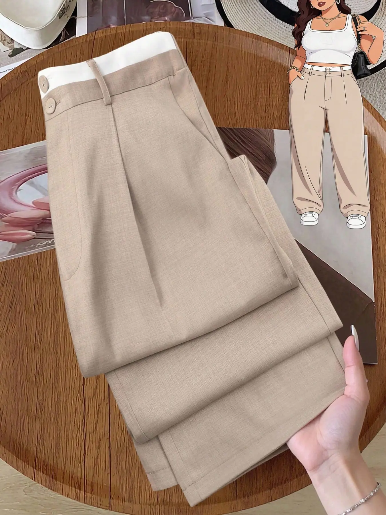 Women's Plus Size Contrast Waist Dress Pants Casual High Rise High Waisted Straight Leg Trousers Structured Fall Workwear Elegant Office Business Casual Style Bottoms