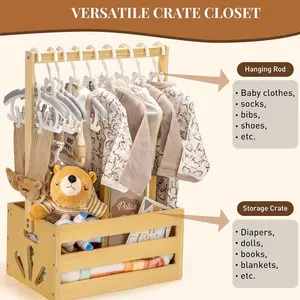 Wooden Baby Clothes Storage Rack, Nursery Infant Clothing Display Stand, Toy Diaper Organizer, All-In-One Sorting Shelf for Kids' Essentials, Wardrobe Holder