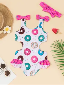 Girls Rainbow Print One-Piece Ruffle Trim Swimsuit with Headscarf Set, Cute Summer Swimwear Bathingsuits, Swimwear Outfits, Swimsuit Sets, Fashion Bow Beach Suit, Perfect for Vacation Beach Wear
