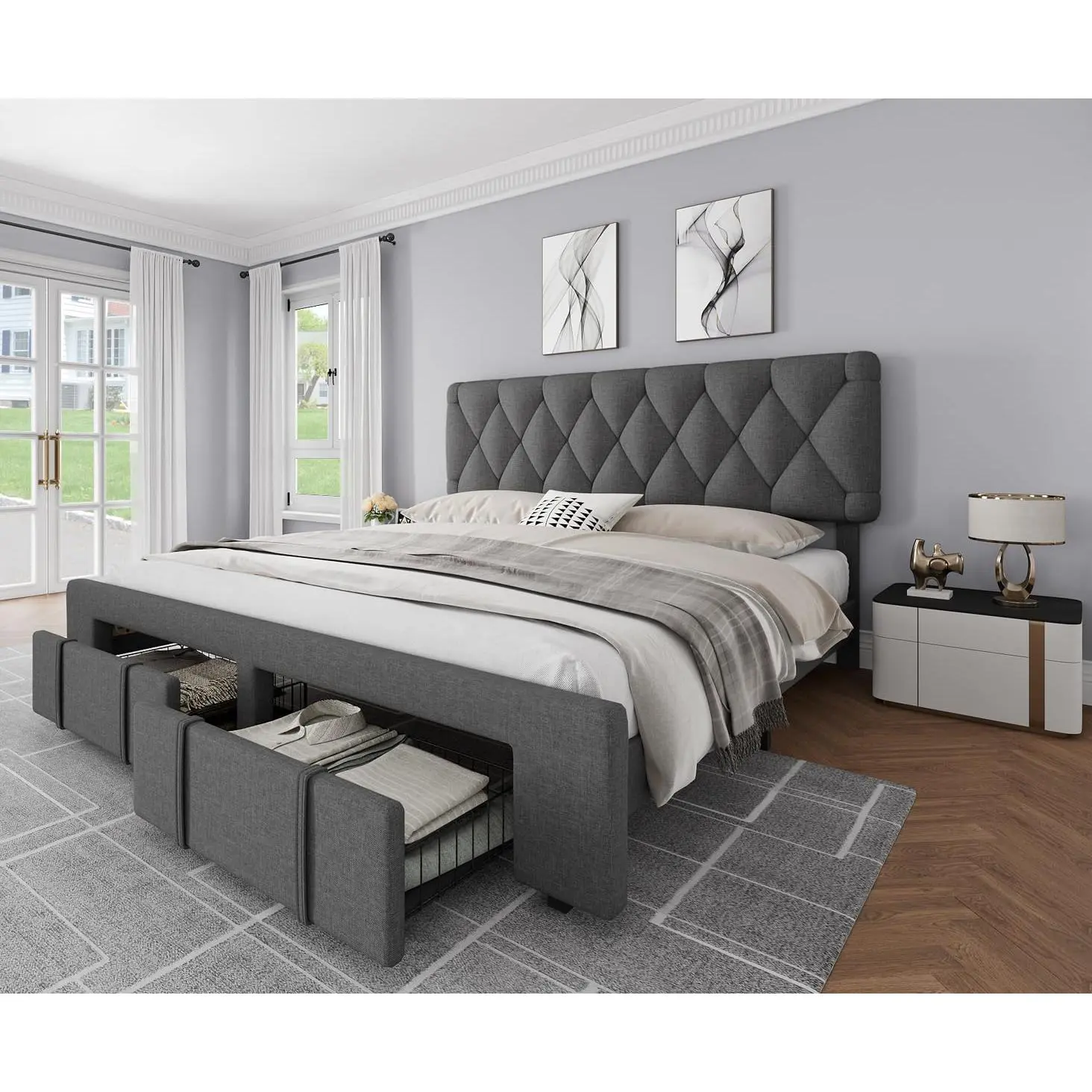 Garvee Queen Size Modern Upholstered Bed Frame - Sturdy, Tufted Button Headboard, 2 Storage Drawers, Heavy Duty Wooden Slats, Noise-Free, No Box Spring Needed, Space Saving Solutions, Quick Set-Up, Sturdy Bed Frame, Tufted Button Headboard Bed Frames