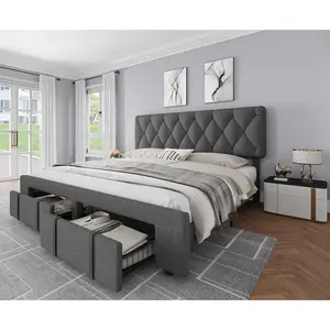 Garvee Queen Size Upholstered Platform Bed Frame with Diamond Tufted Headboard – 2 Storage Drawers – Heavy Duty Wooden Slats Support – Noise-Free – No Box Spring Needed