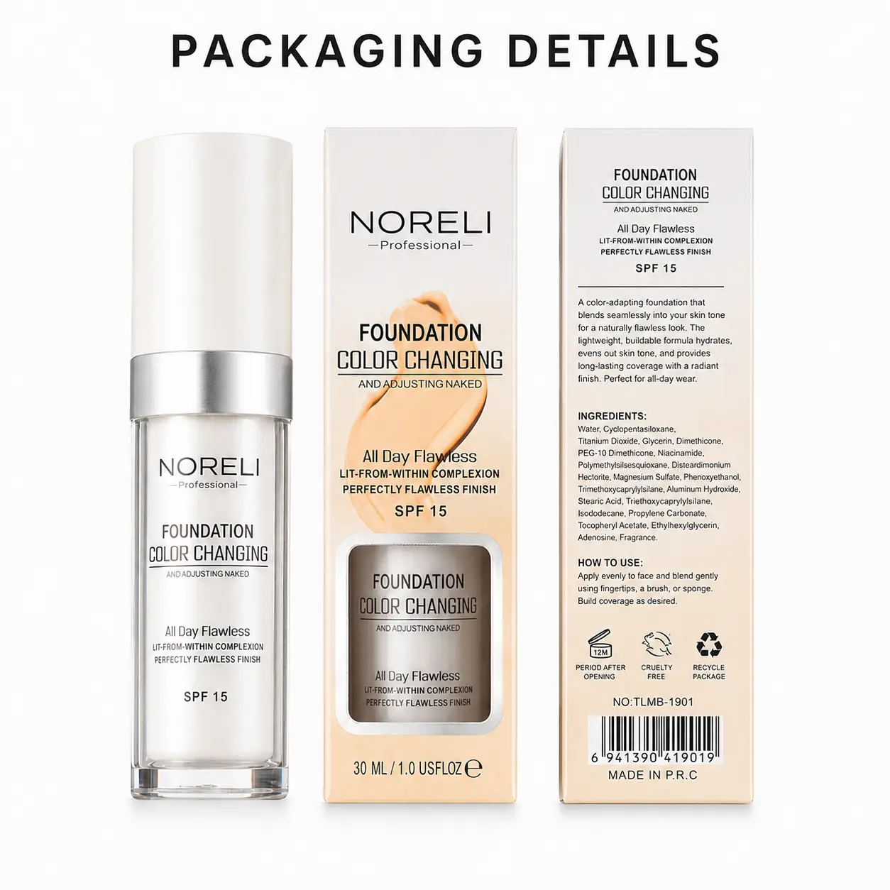 NORELI Color Changing Foundation 3-Pack, Skin Tone Adjusting Liquid Foundation with SPF 15, Lightweight Buildable Coverage, Natural Flawless Finish, 30 mL Each