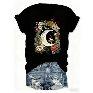 Elegant Women's Floral Moon Mushroom Graphic TShirt for Casual Summer Wear Featuring Vibrant Prints and Comfortable Round Neck Design