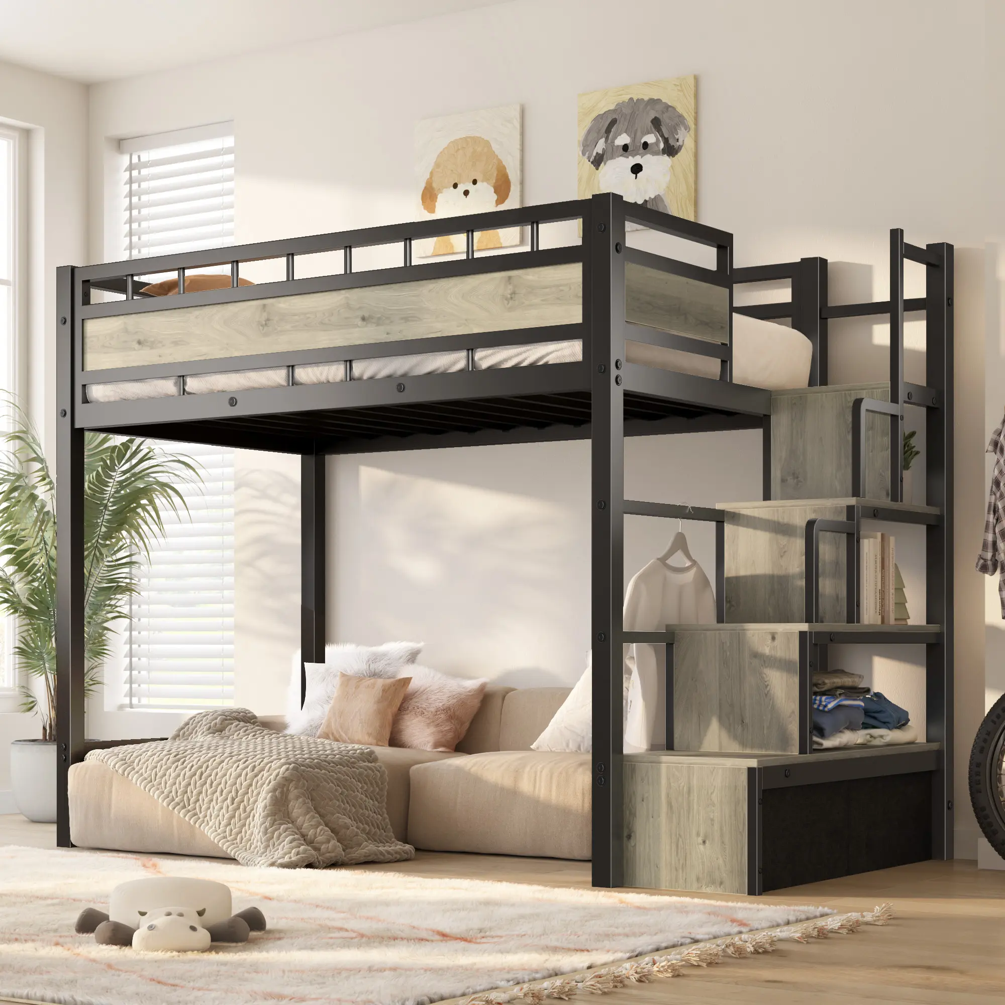 Soges Twin Size Metal Loft Bed with Stairs and Storage, Heavy-Duty Bed Frame for Small Rooms with Drawers & Fabric Bins, Space-Saving Bed with Safety Rails, No Box Spring Needed – Perfect for Teens and Adults, Black/White Compact Bed For Small Spaces Maxi