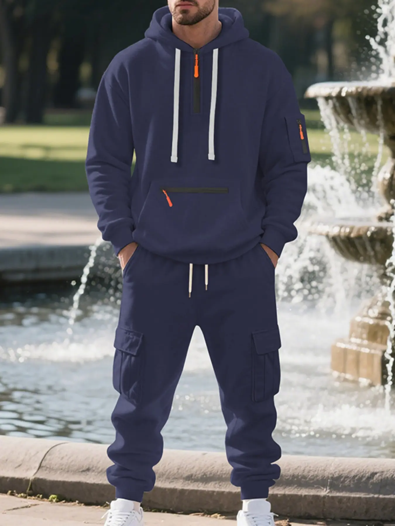 Men's Fall Winter Outfits Fleece Hoodie Cargo Pants Set for Daliy Wear, Striped Patchwork Design, Multi-Pocket Casual Sportswear Essentials, Athleisure Sportswear Set, Athleisure Tracksuit Sets
