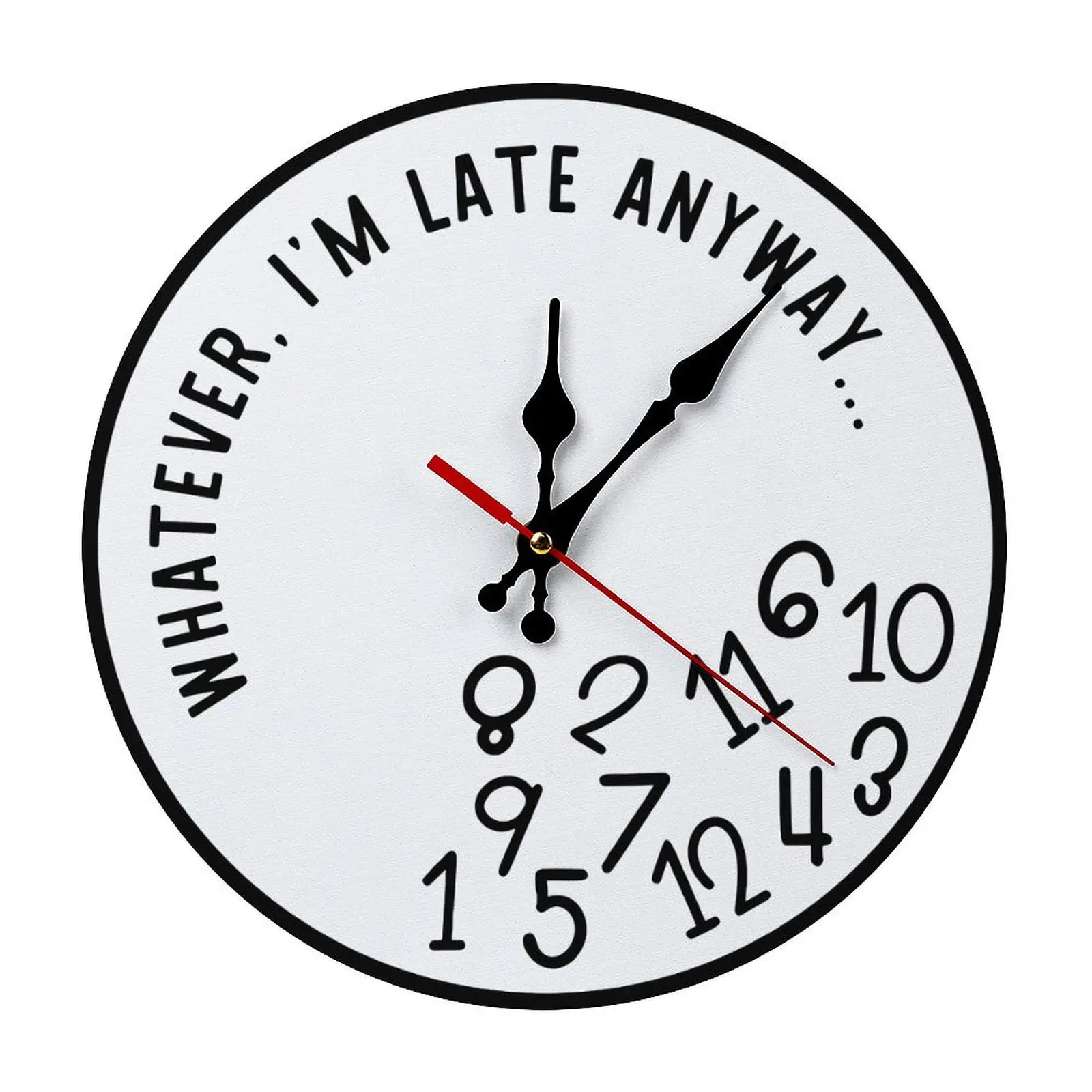 25cm (9.8in) Diameter MDF Wood Wall Clock - Humorous "Whatever" Quote, Silent Quartz Tick, Lightweight Round, Irregular Numbers, Bedroom-Friendly, Battery-Powered, Easy DIY Install for Home Office Decor