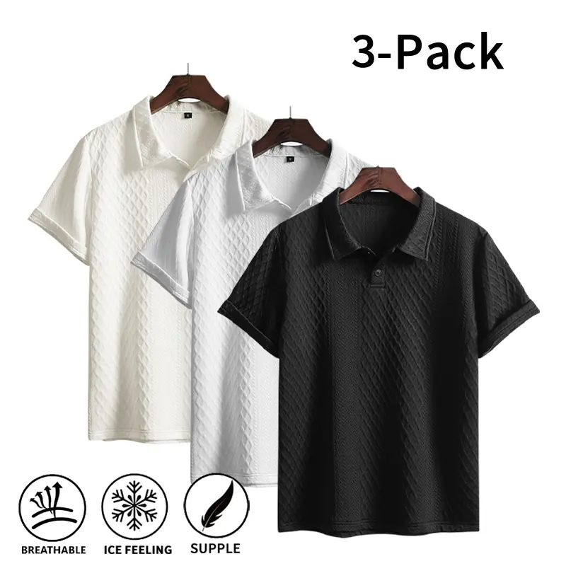 Men’s 3-Pack Cooling Polo Shirts - Menswear Fabric Button Tops, Stylish Soft Knit, Breathable Textured Wrinkle-Resistant Short-Sleeve Summer Smart Casual Shirts