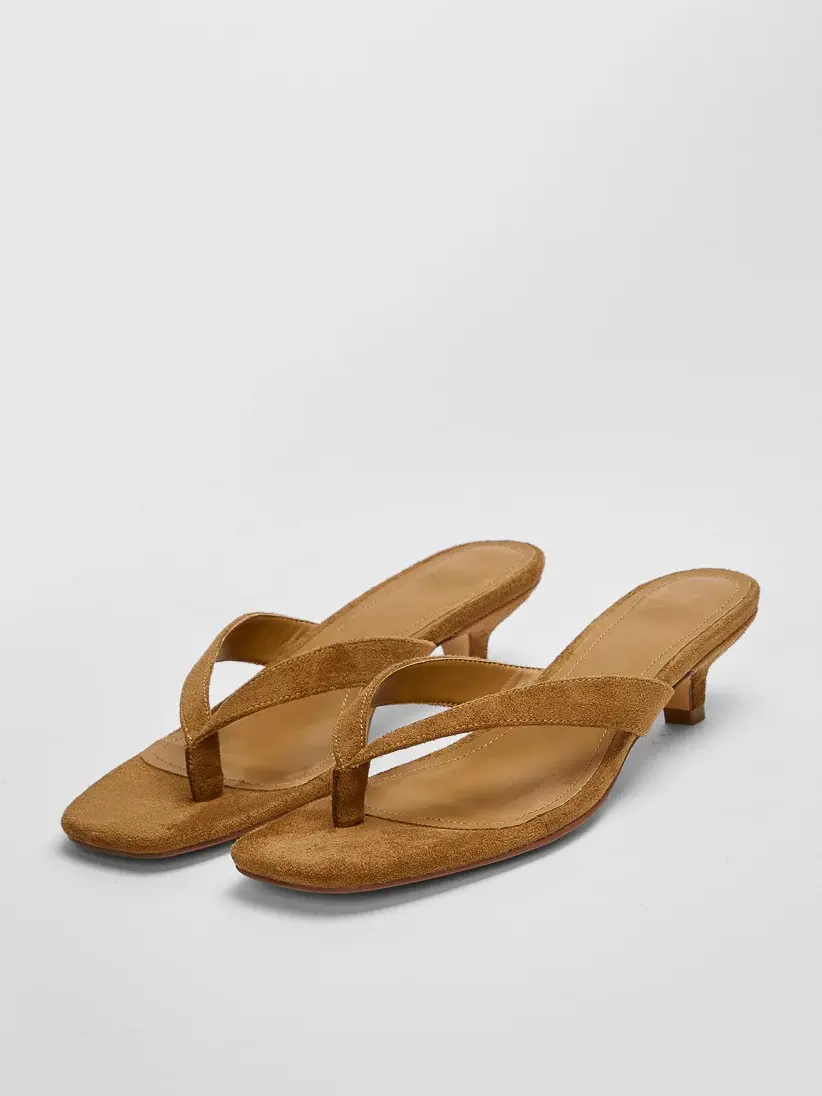 JUSTFAB Women's Square Toe Thong Kitten Heel Mules 1.5"Inch Slim Mini Heel Slip-On Summer Flip Flop Heels Slip-On Soft Vegan Leather Thong Heeled Sandals with Memory Foam Padding & Non-Slip Outsole for All-Day Comfort for Summer