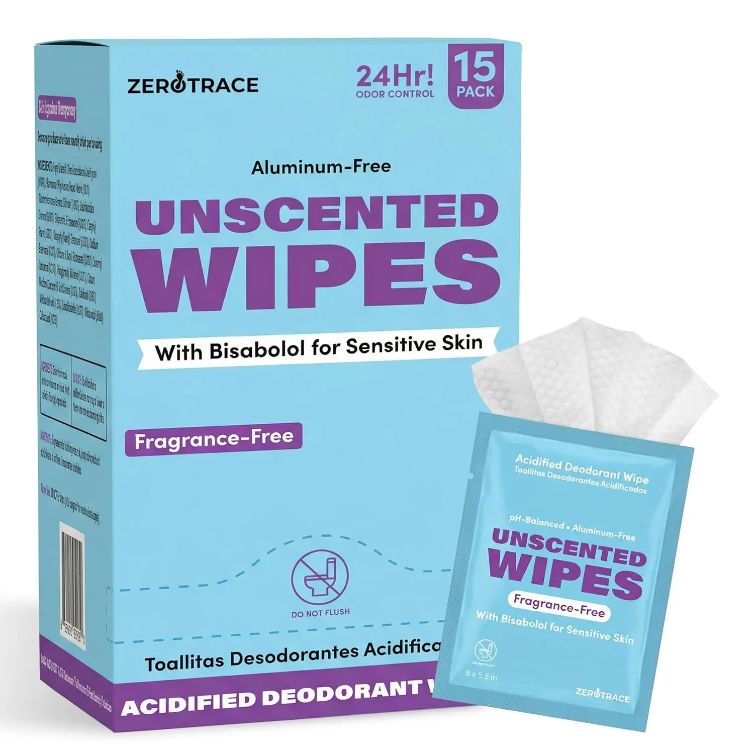Zero Trace Unscented Deodorant Wipes - 15 Count - 24 Hour Odor Control - Aluminum Free Body Wipes for Women and Men - Individually Wrapped Travel Deodorant Wipe for Sensitive Skin - Fragrance Free