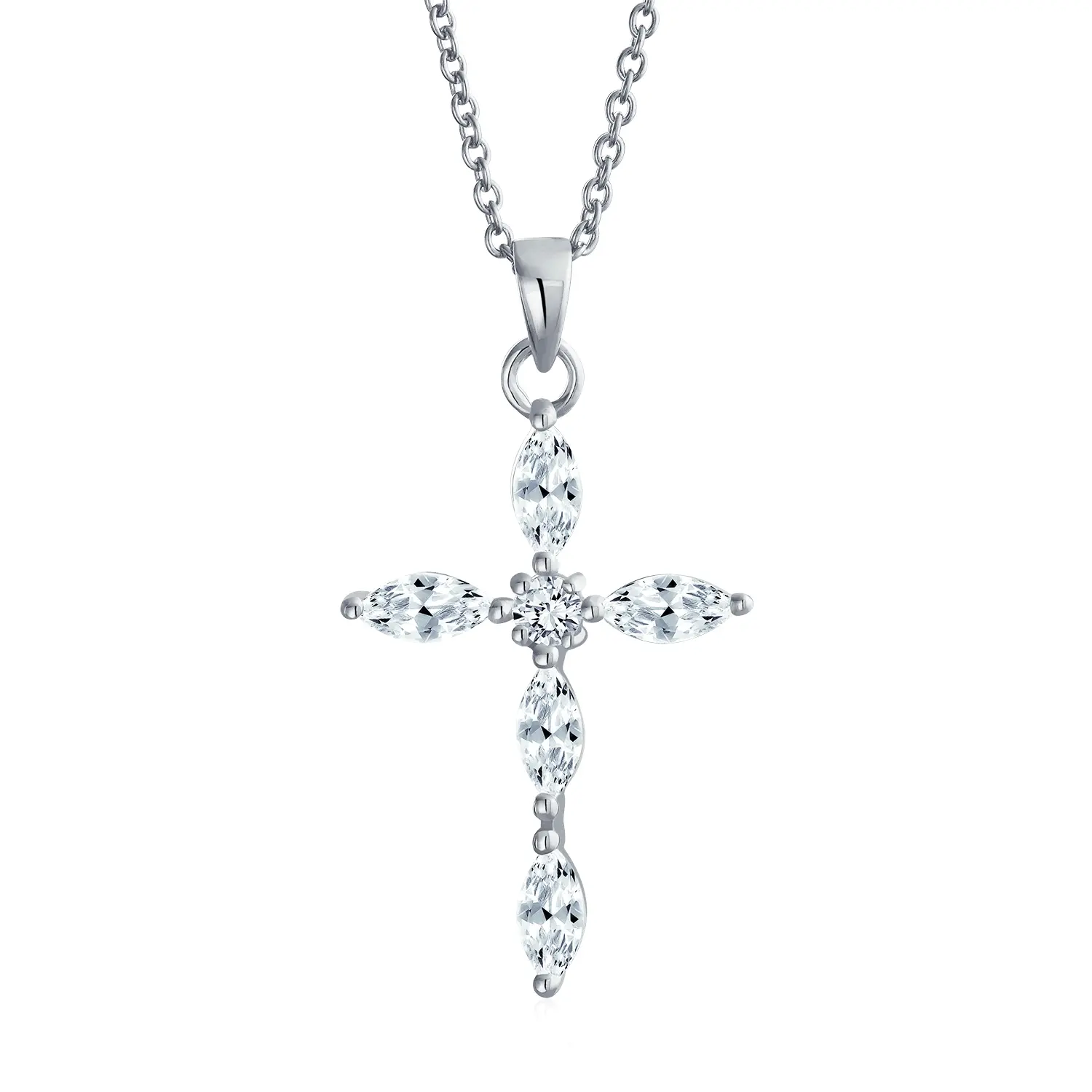 Bridal Necklace Marquise Cubic Zirconia Cross Pendant .925 Sterling Silver