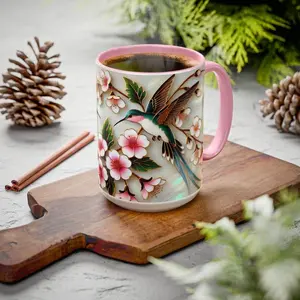 Floral Hummingbird Mug, Stained Glass Style Coffee Cup, Nature Lover Gift, Colorful Bird Mug, Mother’s Day Gift, Cute Home Decor Cup 15oz