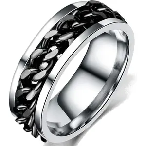 8mm Stainless Steel Chain Inlay Rotating Spin Wedding Band Biker Ring