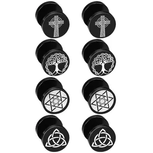 OIDEA 4 Pairs Stainless Steel Dumbbell Stud Earrings Set for Men Women, Cross Tree of Life Celtic Knot Star Disc Barbell Earrings
