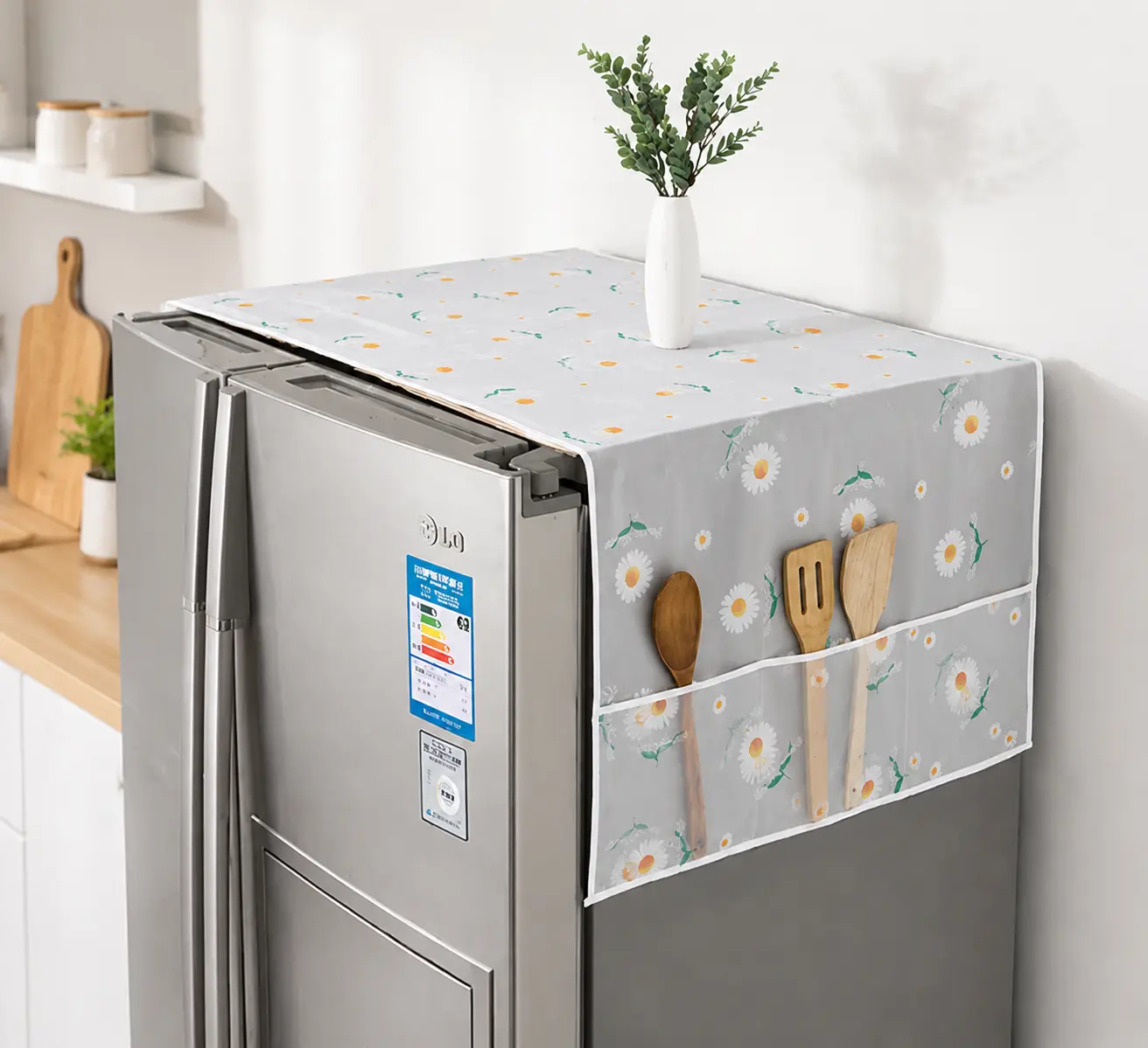 Floral Print Refrigerator Dust Cover with Storage Pockets, Waterproof & Oil Resistant Fridge Top Protector, Multifunctional Kitchen Appliance Cover for Refrigerator, Microwave & Home Organization