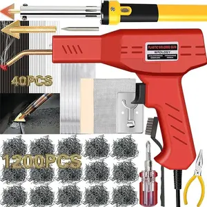 220W Plastic Welder, 1200PCS Staples 40PCS Rods Plastic Welding Kit, 5 in 1 Welding Tips Tape Sandpaper Wire Mesh Stand Metal Brush Screwdriver Plastic Welder Kit Bumper Repair Kit (Red)