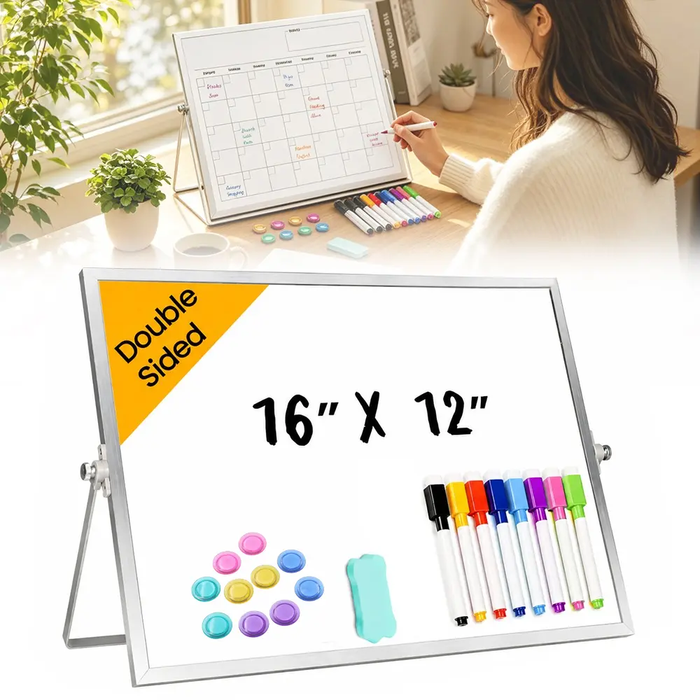 16x12 in Double-Sided Magnetic Desktop Whiteboard with Stand - Lightweight, Portable, Smooth Surface, Easy to Clean, Standing/Hang Design, Includes 1 Eraser, 10 Erasable Pens, 10 Magnets, Ideal Planning Tool for Home Organization, Office, Classroom