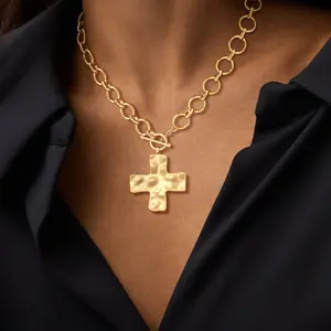 Tewiky Gold Chunky Necklace For Women Statement Cross Pendant Necklace Layered Hammered Bold Cross Necklace Vintage Toggle Clasp Necklace Jewelry For Easter
