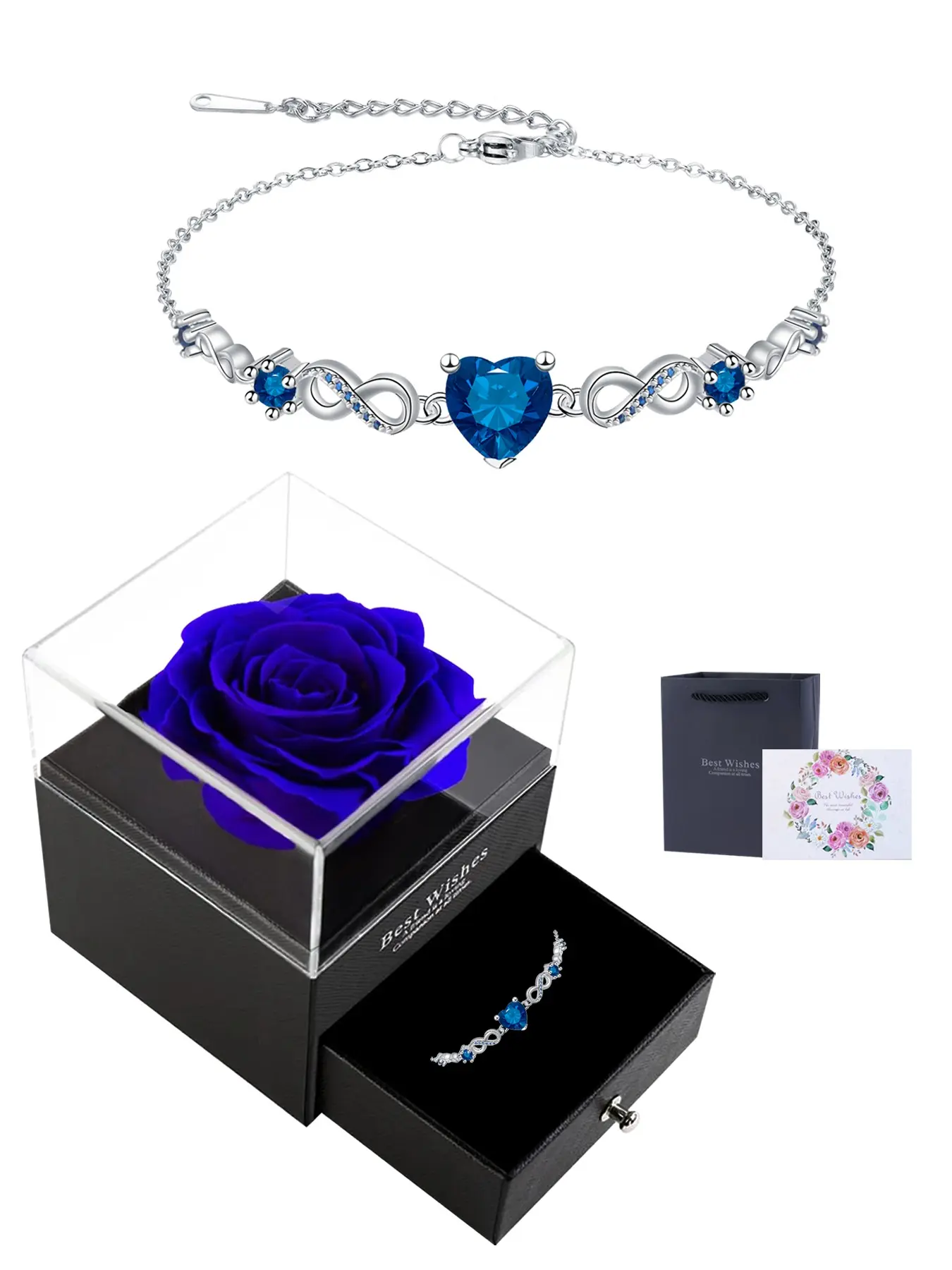 Infinity Blue CZ Heart Bracelets With Rose Jewelry Box for Women, 18k White Gold Plated Hypoallergenic Link Bracelet, Exquisite Bracelet, Heart Design Bracelet, Heart Shaped Bracelet, Christmas Jewelry Gifts for Women Wife Mom Girlfriend Her