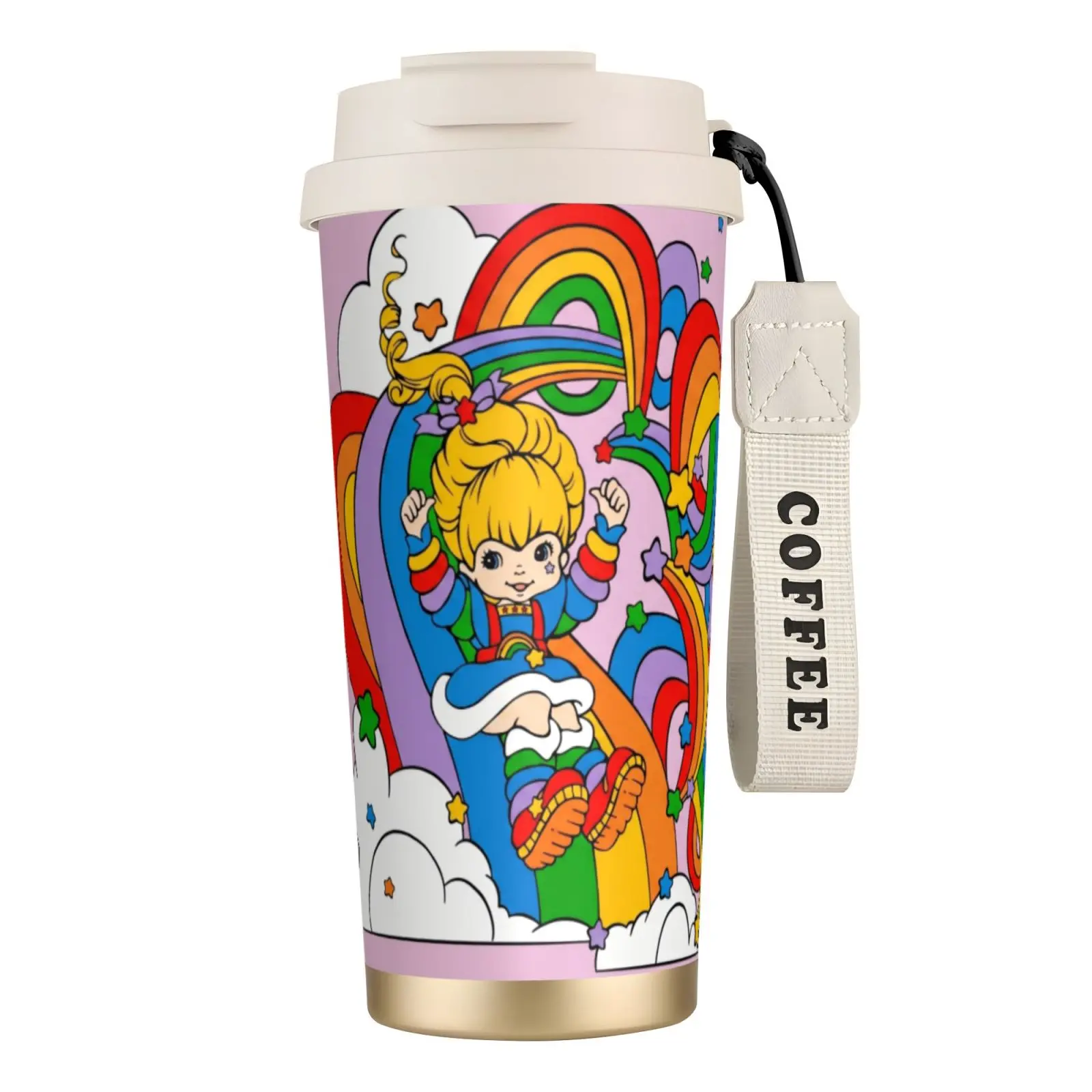 Rainbow Brite Minimalist 316 Stainless Steel 500ml Thermal Vacuum Flask - Spill-Proof Lid, Strap, Portable Drinkware for Hiking, Camping, Coffee & On-the-Go Hydration, Flasks, Insulated Vacuum Cup