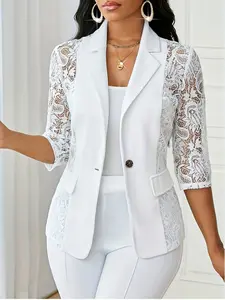 Fashion Solid Color Thin Lapel Women's Fake Pocket Lace Seven-Quarter Sleeve Casual Feminine Fitted Jacket, Stylish and Comfortable Outerwear
