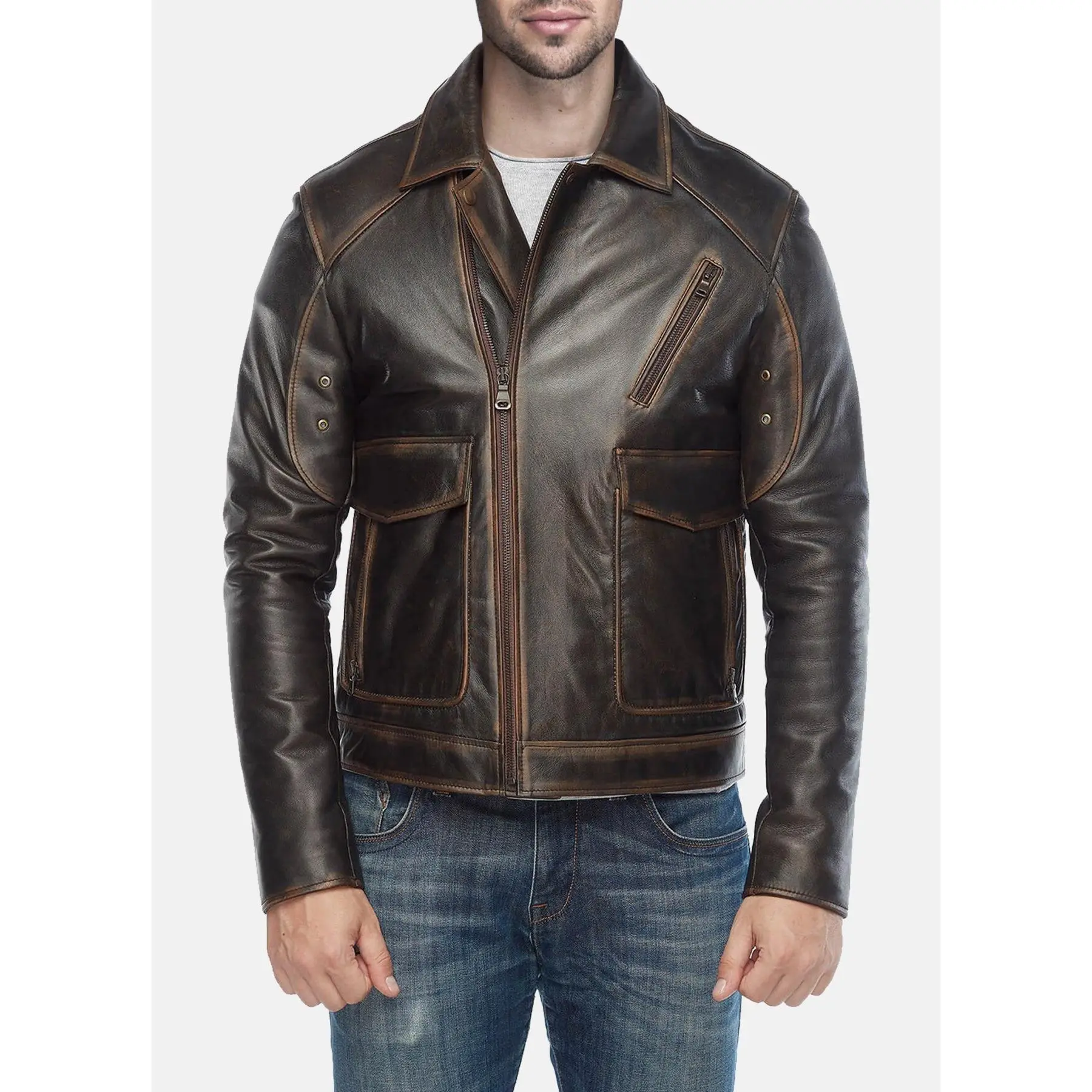 Mens Vintage Distressed Black Biker Leather Jacket