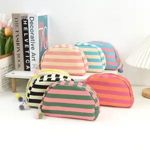 Striped Makeup Bag, Cute Shell Cosmetic Pouch with Pom Pom Zipper, Large Travel Toiletry Organizer Aesthetic Skincare Bag for Women and Teen Girls