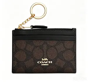 COACH Skinny ID Case 11 for Women – Logo-Embossed Metal Zip Closure, Faux Leather and Plastic Cardholder in Walnut and Black