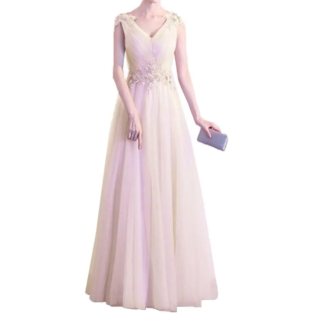 Sleeveless dress, evening dress, women's wedding dress, party dress, long dress, cocktail dress, tulle dress, embroidered dress, lace dress, floral pattern, wedding, bride, maxi dress, V-neck, formal, concert, recital, reception, sequins