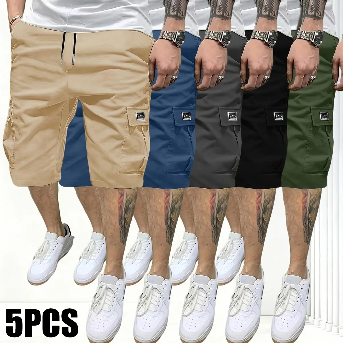 Men’s 5-Piece Oversized Baggy Cargo Shorts Set - Adjustable Drawstring Waist, Casual Chic Woven Activewear, Multi-Pocket, 4-Way Stretch, Cold Wash, Fit for Fitness Camping, Father's Day Gifts, Straight Cut, Summer Loose Jorts, Straight Pants  mens shorts