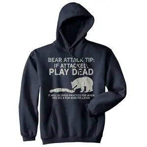 Bear Attack Tip Unisex Hoodie Funny Camping Hiking Outdoor Adventure Hooded Sweatshirt Unisex Vintage Fashion Hoodies Sarcastic Hoodie Funny Animal Pullover Novelty Sweatshirt Navy -