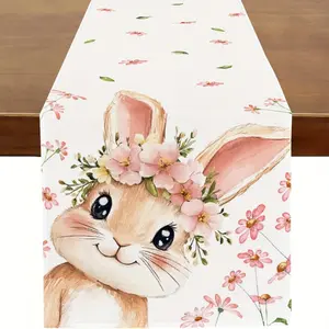 1pc, Easter-Themed Table Runner Featuring Bunny Rabbits And Pink Daisies, Perfect for Kitchen And Dining Table Decoration During The Spring Holiday Season. Available in Sizes 13 X 36, 13 X 48, 13 X 72, And 13 X 108