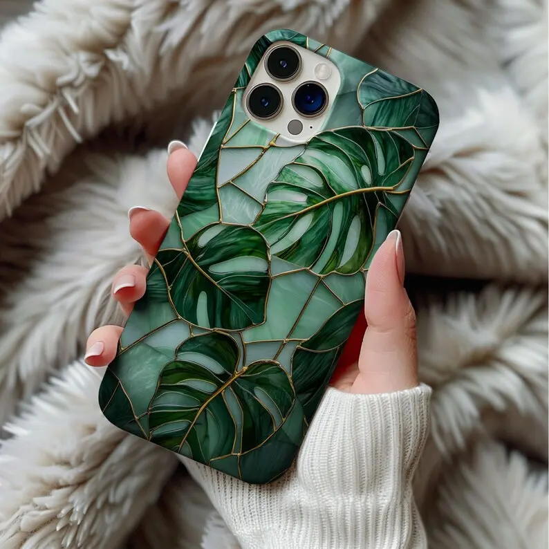 Stained Glass Style Customized Monstera Leaf Polycarbonate Cellphone Cover - Art Deco Green Houseplant Wireless Accessory, Vintage Artful Gift, Shockproof Protection for iPhone X-18 ProMax & Samsung S21-S25 (Check Sizes)
