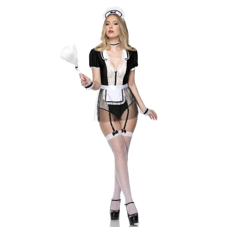 Women's 6-Piece French Maid Costume Set, Lace and Mesh Teddy with Ruffle Trim, Zip-Up Front, Garters, and Feather Duster, Clothes, Accessories, Pieces, Headpiece, Naughty