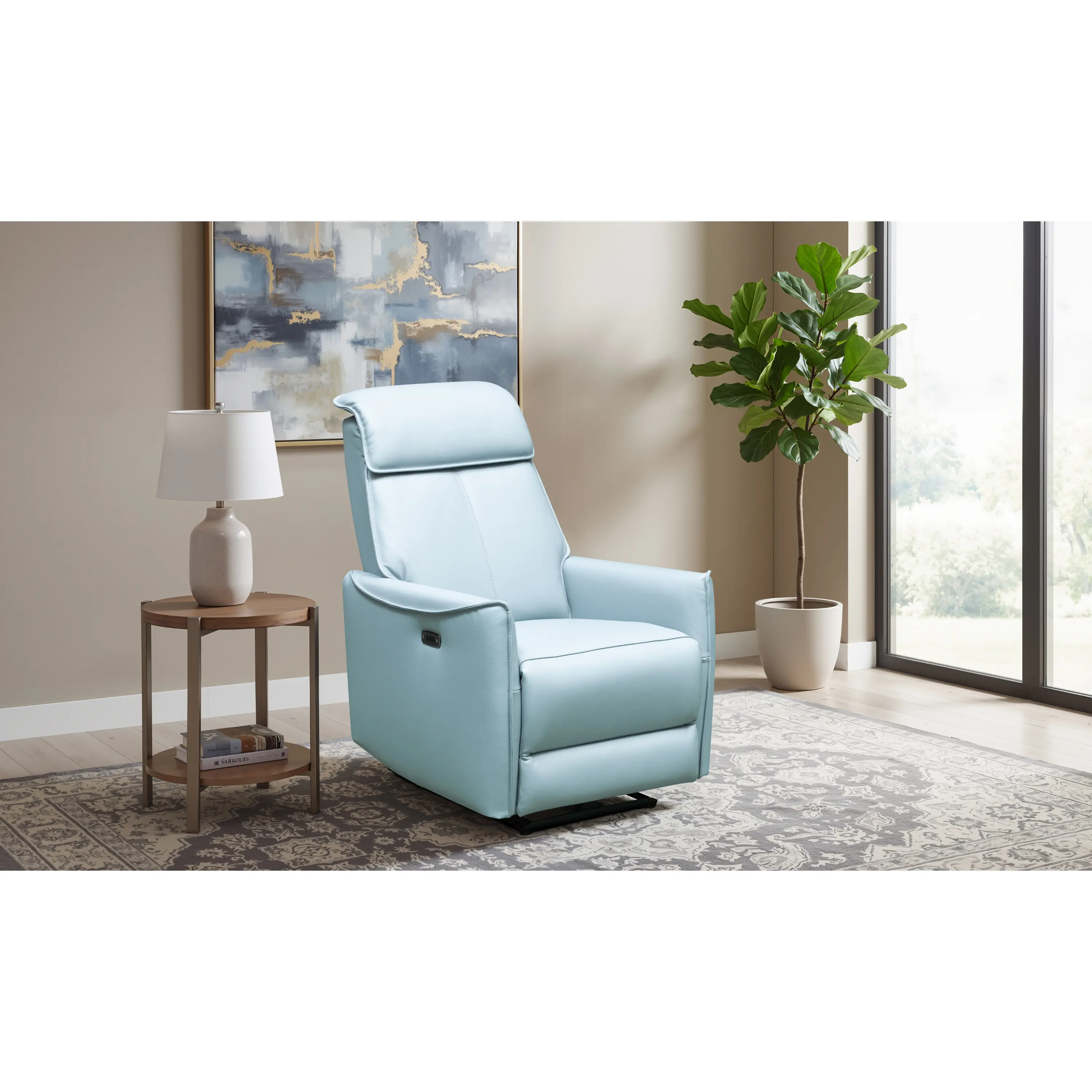Klaussner Rilasso High Back Genuine Leather Power Recliner - Compact Indoor Chair with Plywood Base, S-Springs Cushion, Natural Grain, Clean Aesthetic for Small Rooms, Genuine Leather Reclining, High Back Reclining