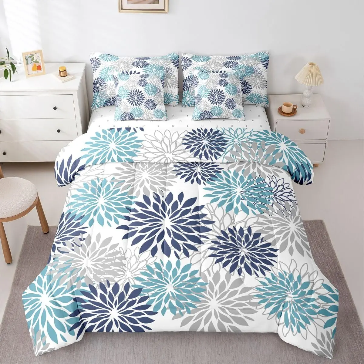 Boho Floral Comforter Set 7 Pieces Dahlia Floral Bedding Set Farmhouse Bed in a Bag Teal Blue Grey Bedroom Decor All Season Quilted Breathable Soft, Beautiful Patterns Bedding Sets Collections