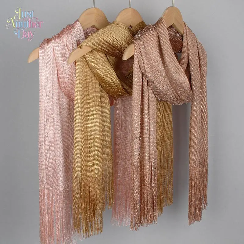 Metallic Glitter Scarf for Women, Shimmering Gold/Silver/Rose Gold Shawl with Tassels, Lightweight Sheer Polyester Wrap, Perfect for Evening Dresses, Weddings, Parties, and Beach Cover-Ups, Elegant and Versatile